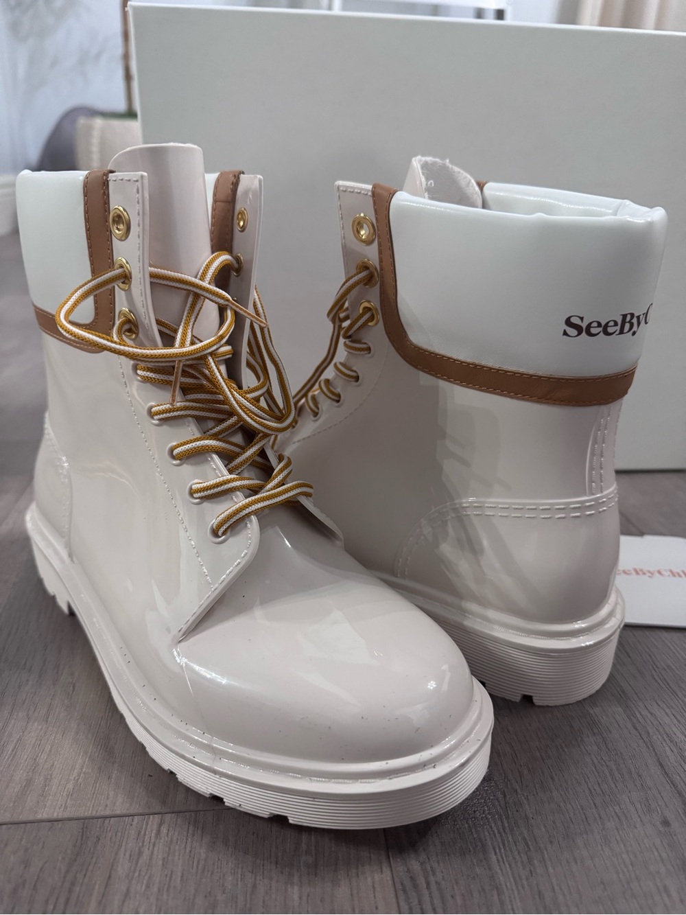 See By Chloe Cream Patent Lace-Up Ankle Boots with Tan Trim